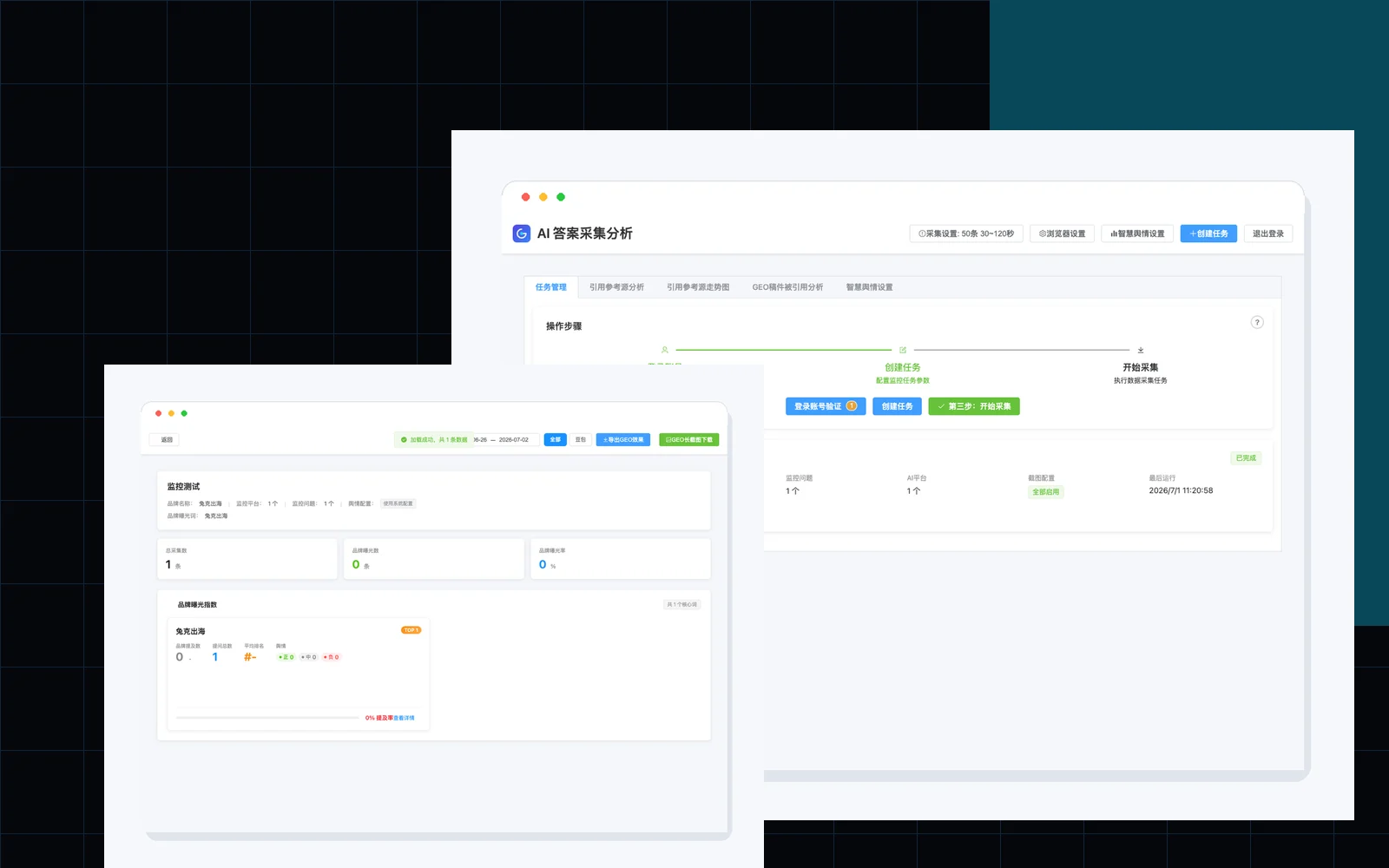 GEO-SOP desktop dashboard and results screenshots